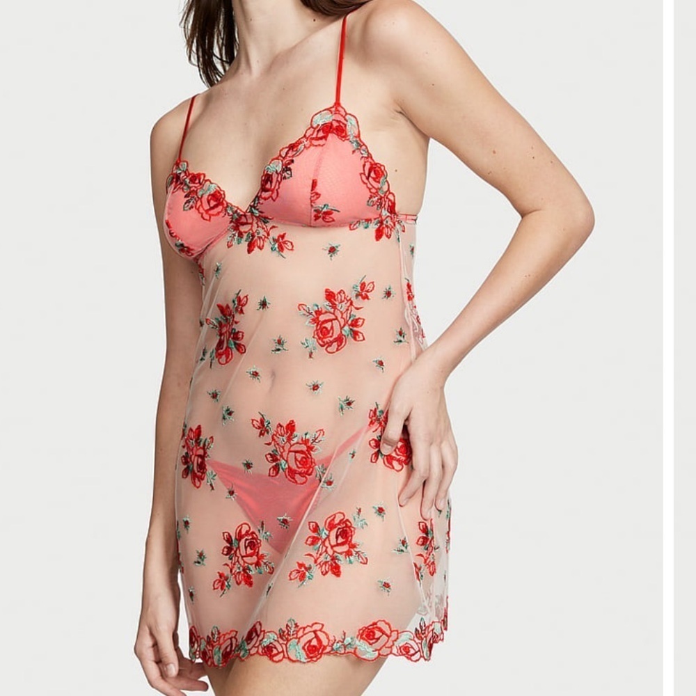 New Floral Embroidery Sheer Mesh Slip